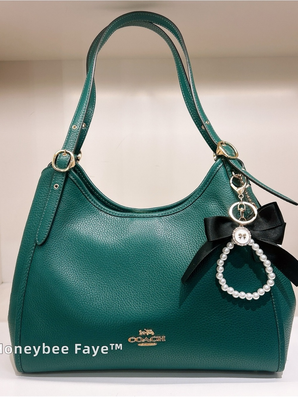 Coach Erin emerald  Pebbled Leather Shoulder Bag with Pearl & black Bow Charm